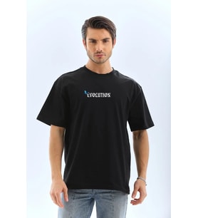 Erkek Kısa Kol Yazlık Tişört Bisiklet Yaka KELEBEK Baskılı T-Shirt - Siyah