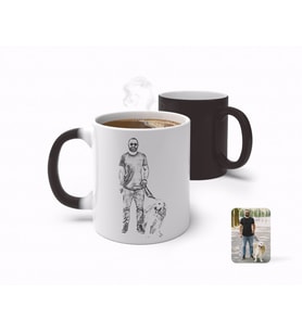 BK Gift Kişiye Özel Tam Boy Karakalem Erkek ve Köpek Karikatürlü Sihirli Kupa Bardak-1 (Beyaz)
