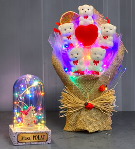 Renkli Led Işıklı Ayıcık Buketi & Kişiye Özel Renkli Led Işıklı Unicornlu Fanus