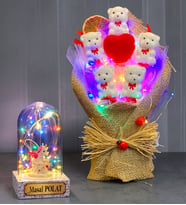 Renkli Led Işıklı Ayıcık Buketi & Kişiye Özel Renkli Led Işıklı Unicornlu Fanus