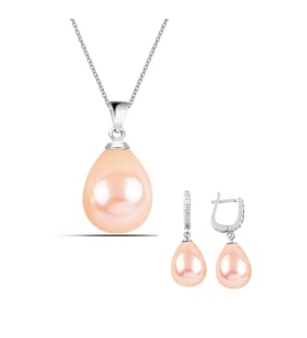 925 Ayar Gümüş Damla Model Kolye Küpe Pembe Inci Set (İnci)