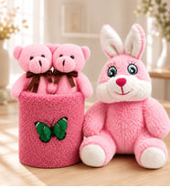 Pembe Peluş Tavşan ve Peluş Saksıda Ayıcıklar Buketi Sevgiliye Kadına Arkadaşa Hediye
