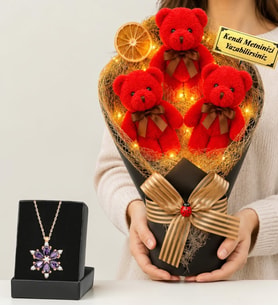 Doğum Günü Hediyesi Kişiye Özel LED Işıklı Peluş Ayıcık Buketi (Kırmızı) ve Gerçek Ametist Taşlı Lotus Kolye