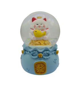 Maneki Neko Şans Kedisi Işıklı Kar Küresi Mavi 9cm (Karışık)