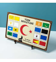 16 Türk Devleti Bayrakları Masaüstü Tablo Seti - UV Baskılı 3mm MDF - El İşçiliği - 34cmx20cm (Akçaağaç-Ceviz Rengi)