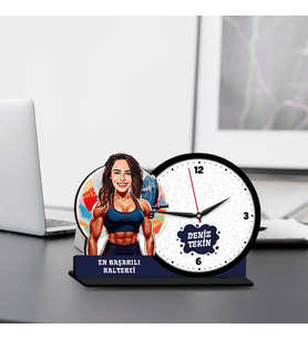 Kadın Halterciye Hediye Karikatürlü MDF Masa Saati