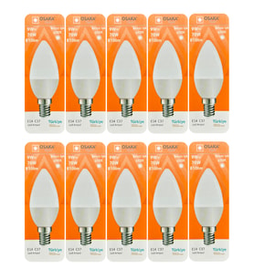 (10 Adet) Osaka 9W (70W) Beyaz Işık (6500K) E14 Duylu (İnce Duy) Led Mum Ampul