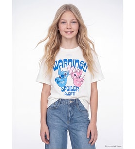 LCW Kids Beyaz Stitch Ve Angel Baskılı Kız Çocuk Soft Touch Tişört