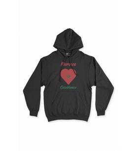 Kazablanka Fas Bayraklı Kalpli Siyah Sweatshirt Hoodie