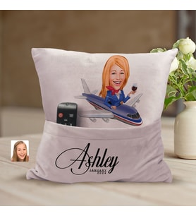 BK Gift Kişiye Özel Hostes Karikatür Tasarımlı Organizer Kumanda ve Atıştırmalık Cepli Pembe Kırlent Yastık-1 Arkadaşa Hediye, Cepli Yastık