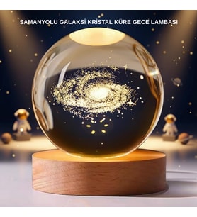 Samanyolu Desenli Kristal Küre Ahşap Standlı Gün Işığı LED Masa Lambası