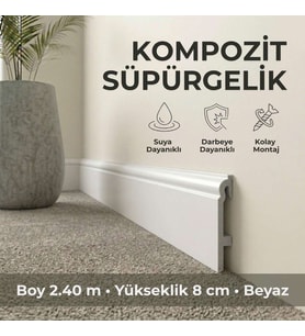 Espumo Kompozit Süpürgelik 8 cm Beyaz  Suya Dayanıklı Parke Duvar Süpürgelik 2,40 m ESP301
