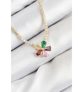 Pirinç Zirkon Taşlı Su Yolu Asorti Çiçek Model Gold Renk Kadın Kolye 5886 - SSSSSS7713-7048