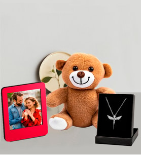 Kişiye Özel 25cm Peluş Ayıcık Ve Fotoğraflı Kırmızı Çerçeve Ve Melek  Kolye