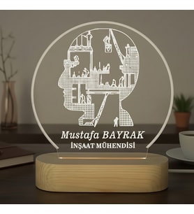 KİŞİSELLEŞTİRİLEBİLİR İnşaat Müh. LED Işıklı Ahşap Masa İsimliği (Şeffaf)