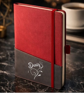 BK Gift Kişiye Özel Kırmızı Termo Deri Defter -5, Kartvizit Bölmeli, Çizgili Ivory Kağıt