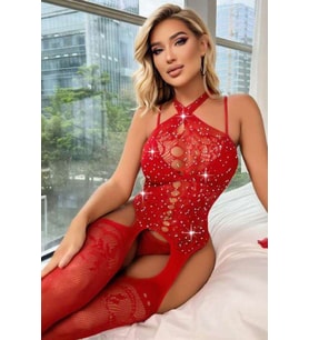 Kadın Fantezi Kırmızı Jartiyer Takım Taşlı Kıyafet Ryl - 31084 — Beden: S-M