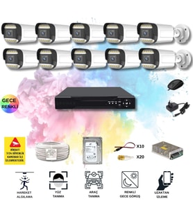 10 Kameralı Set - Yapay Zeka Özellikli Gece Renkli Gösteren 5MP SONY Lensli 12 Warm Ledli FULLHD Güvenlik Kamerası Seti 312W-116