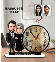 KARİKATÜR TESETTÜRLÜ ÇİFT, SEVGİLİ, EVLİ, EŞE HEDİYE, SEVGİLİYE HEDİYE MASAÜSTÜ SAAT 1