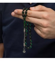925 Ayar Gümüş Kazaz Püsküllü Arpa Kesim Yeşil Ateş Kehribar Tesbih