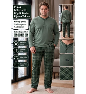 PJM Erkek Battal Beden Mikrosoft Düğmeli Yaka Kışlık Pijama Takımı 6415/2 - 1 Adet