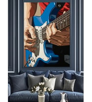 Mavi Elektro Gitar Çalan Dekoratif Kanvas - Mdf Ahşap Tablo