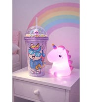 2 Li Set Işıklı Renkli Unicorn Figürlü Gece Lambası & Pipetli Boncuk Detaylı Suluk Bardak Mor 450 ML