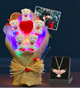 Premium Hediye Seti - Size Özel Fotoğraflı Led Işıklı Buket ve Zümrüdü Anka Kuşu Kolyesi (Model 2)