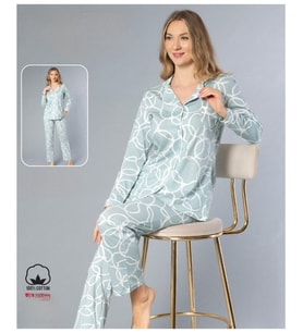 Melodi Kadın Standart Kalıp %100 PAMUK Önden Düğmeli Uzun Kol Baharlık Pijama Takımı 16153- 1 Adet (Açık Mavi)