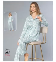 Melodi Kadın Standart Kalıp %100 PAMUK Önden Düğmeli Uzun Kol Baharlık Pijama Takımı 16153- 1 Adet (Açık Mavi)