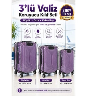 3’lü Şeffaf Su Geçirmez PVC Valiz, Bavul Koruyucu Kılıf Seti (Büyük + Orta + Kabin)