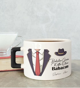 BK Gift Kişiye Özel Babalar Günü Tasarımlı Siyah Kulplu Çay & Kahve Fincanı-4, Babaya Hediye, Babalar Günü Hediyesi