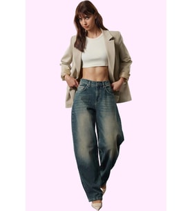 Kadın Pamuklu Denim Jean; Yüksek Bel Geniş Paça Baggy Günlük Kombinler Yaz Aylarının Vazgeçilmezi (Koyu Mavi)