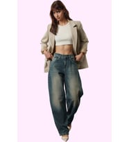 Kadın Pamuklu Denim Jean; Yüksek Bel Geniş Paça Baggy Günlük Kombinler Yaz Aylarının Vazgeçilmezi (Koyu Mavi)