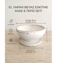 El Yapımı Eskitme Beyaz Sunum Kasesi ve Tepsisi Seti - Kırılmaz Meyvelik & Çerezlik