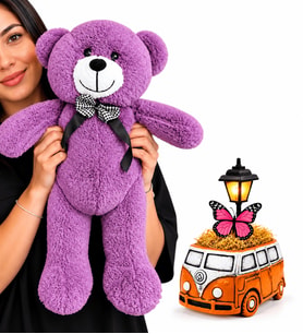 Turuncu Vosvos Minibüs Masa Lambası ve Büyük Boy Mor Peluş Ayıcık – Sevgiliye Doğum Günü Yıl Dönümü Hediyesi