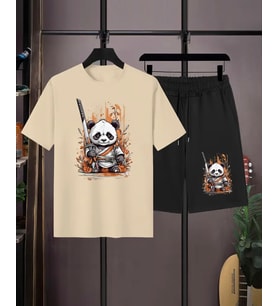 AMOR MAN ÖZEL TASARIM KUNG FU SAVAŞÇI PANDA BASKILI JAPON STİL ERKEK T-SHIRT ŞORT TAKIMI (Bej)
