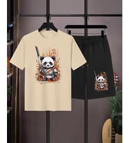 AMOR MAN ÖZEL TASARIM KUNG FU SAVAŞÇI PANDA BASKILI JAPON STİL ERKEK T-SHIRT ŞORT TAKIMI (Bej)