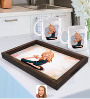BK Gift Kişiye Özel Kadın Yoga Karikatürlü Doğal Ahşap Tepsi ve 2’li Kupa Bardak Seti-2
