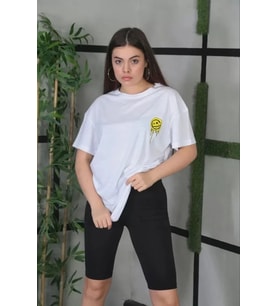 Unisex Bisiklet Yaka Baskılı Oversize T-Shirt - Beyaz