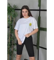 Unisex Bisiklet Yaka Baskılı Oversize T-Shirt - Beyaz