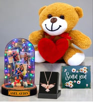 Size Özel Renkli Işıklı Fanus & Anka Kuşu Kolye & Kalpli Peluş Ayıcık Seti (Model 1)