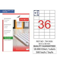 Tanex Lazer Etiket tw-2035 500 A4 Sayfa Laser Etiket 52,5 x 33 mm Boyutunda 1 A4 Sayfada 35 Etiket