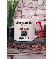 Dünyanın En İyi Türkçe Öğretmeni Baskılı Kişiye Özel Öğretmenler Günü Kırmızı Kulplu Kupa Bardak