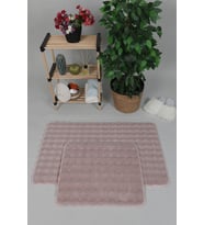 Modern Bubble Yıkanabilir Kaymaz Peluş Banyo Paspası Halısı 2'li Klozet Takımı 50x80-50x40cm Pembe