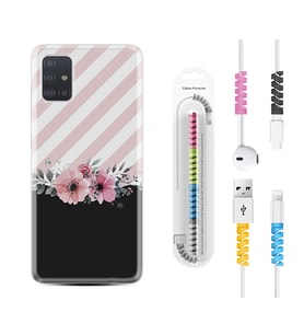 Samsung a71 A72 A73 A7 A9 2018 C7 C9 Kılıf Kablo Koruma Spiral Silikon Strip Pink Flowers 1396