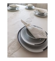Eces Design Su Damlası Ekru 12 Kişilik 26 Parça Fransız Dantelli Çeyizlik Yemek Masa Örtüsü Seti Runner Takımı