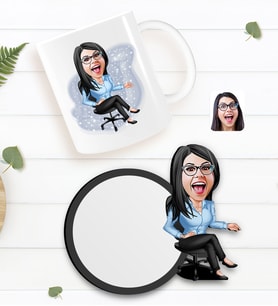 BK Gift Kişiye Özel Kadın Patron Karikatürlü Beyaz Kupa ve Ahşap Bardak Altlığı Hediye Seti-5