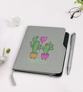 BK Gift Kişiye Özel Kaktüs Tasarımlı Gri Termo Deri Defter Kalem Seti-12