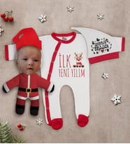 BK Gift Kişiye Özel Yılbaşı Temalı Tulum Zıbın Kukuletalı Şapka ve Bebek Yastık Hediye Seti-1